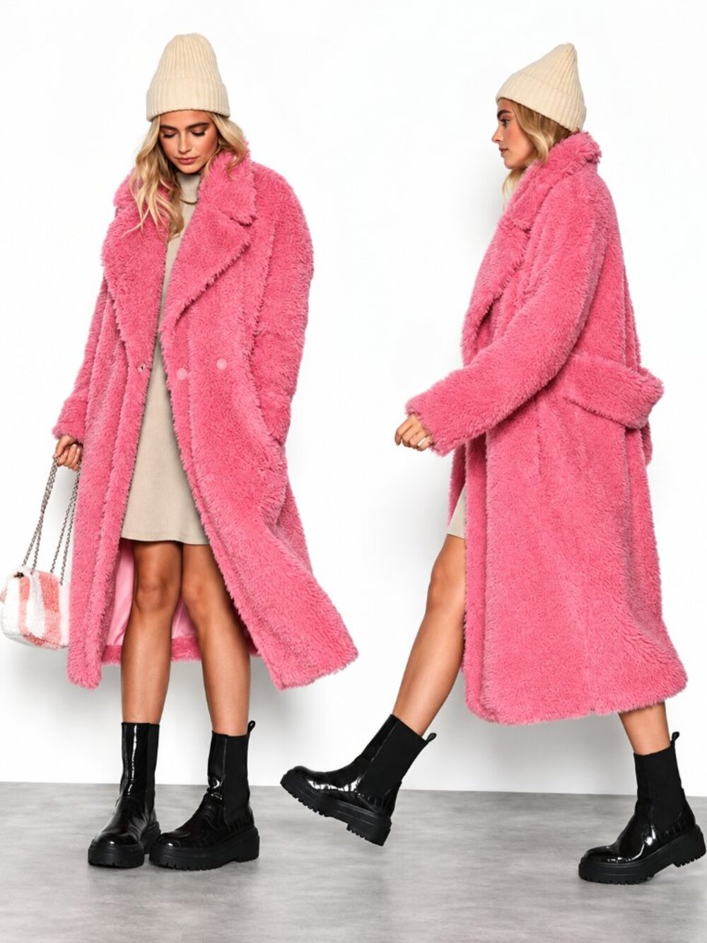 💋UBER GORGE💋 Luxurious Double Breasted Midaxi Faux Shearling Coat in Pink